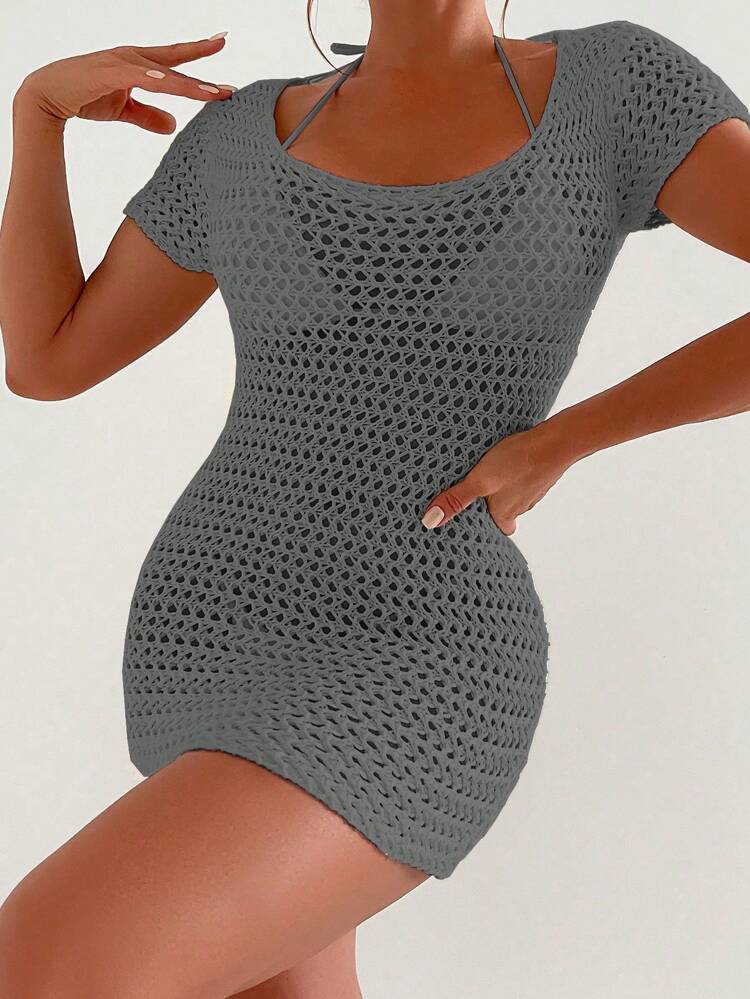 Solid Color Hollow Out Knitted Round Neck Bodycon Cover Up Dress Summer