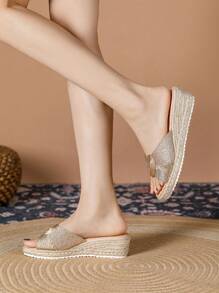 Women's Wedge Heel Thick Sole Sandals, Peep Toe Mules Lightweight Slippers, Comfortable & Non-Slip Summer Shoes - Gold - View 2