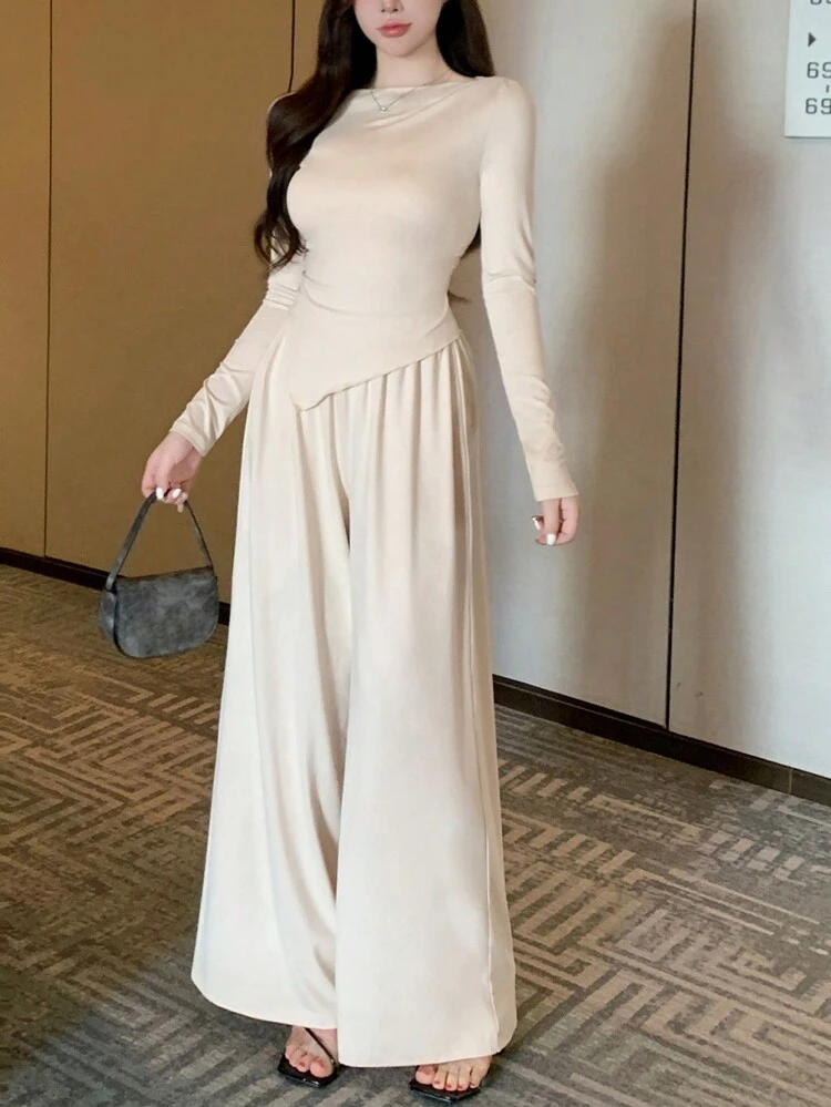 1set Women's Asymmetrical Off Shoulder T-Shirt And Elastic Waist Wide Leg Pants Set,Women Two Pieces Sets