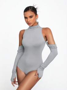 Brittney Do Designer Women Grey Turtleneck Cutout Bodysuit With Sleeves, For Holiday, Vacation, Spring & Summer, Beach, Festival, Ibiza Fits - Grey - View 6