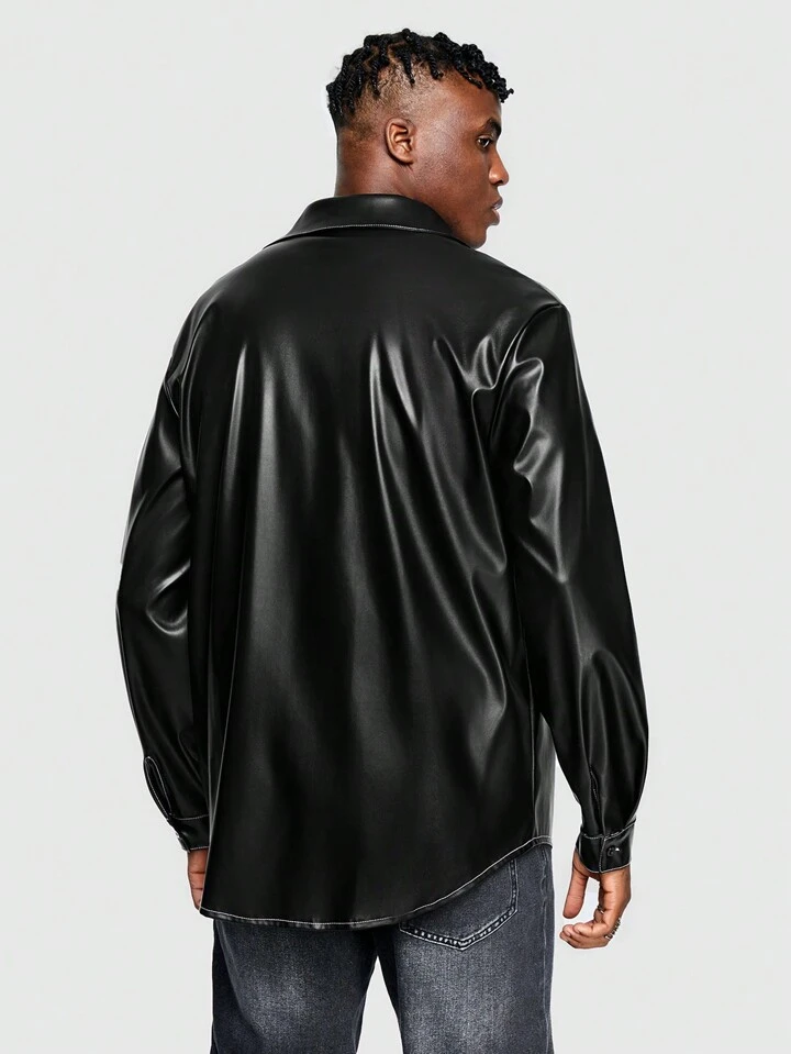 Our Street Life Men's Pu Leather Button-Down Jacket With Pockets
