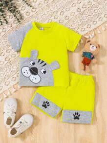 SHEIN Set estivo bambino ragazzo con maglietta a maniche corte con disegni a cartoni animati e pantaloncini - Giallo - Visualizzare 2