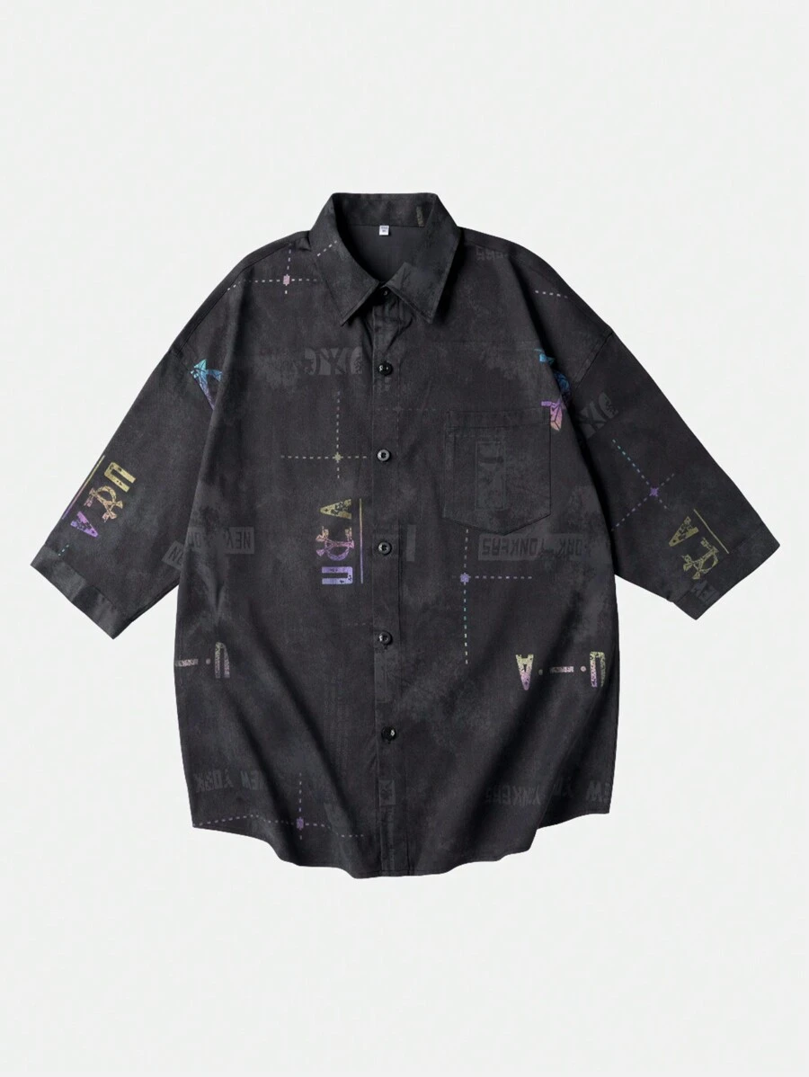 Nam Hoa In thư Lỏng lẻo phù hợp Thả vai Áo sơ mi - màu đen - Xem 1