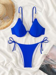 SHEIN Swim 女士纯色比基尼套装，带金属链带和分离式钢圈设计，钢圈细绳比基尼套装泳装泳衣沙滩装夏季度假夏日海滩 - 寶藍色 - 查看 5