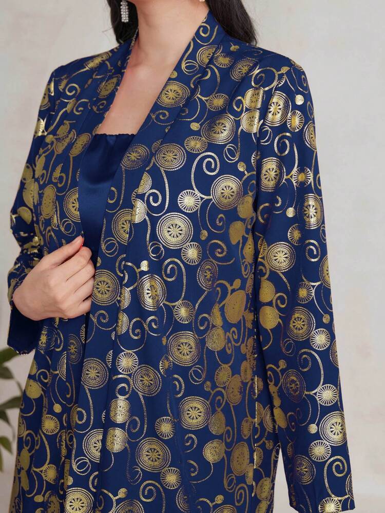 Loose Fit Casual Abaya With Gold Foil Print, Muslim Fashion Abaya For Casual/Festival/Gathering/Travel