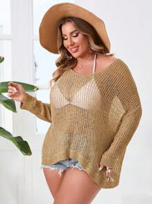 SHEIN VCAY Plus Size Hollow Out Knitted V-Neck Drop Shoulder Sweater - Khaki - View 5