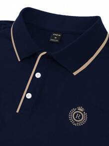 Manfinity Homme Camiseta Polo Impresa Con Ribete Color Block Y Logotipos Bordados Para Hombre - azul real - Ver 3