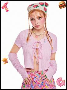 SHEINNeu 有趣的多巴胺透明紋理袖口前中心綁帶上衣