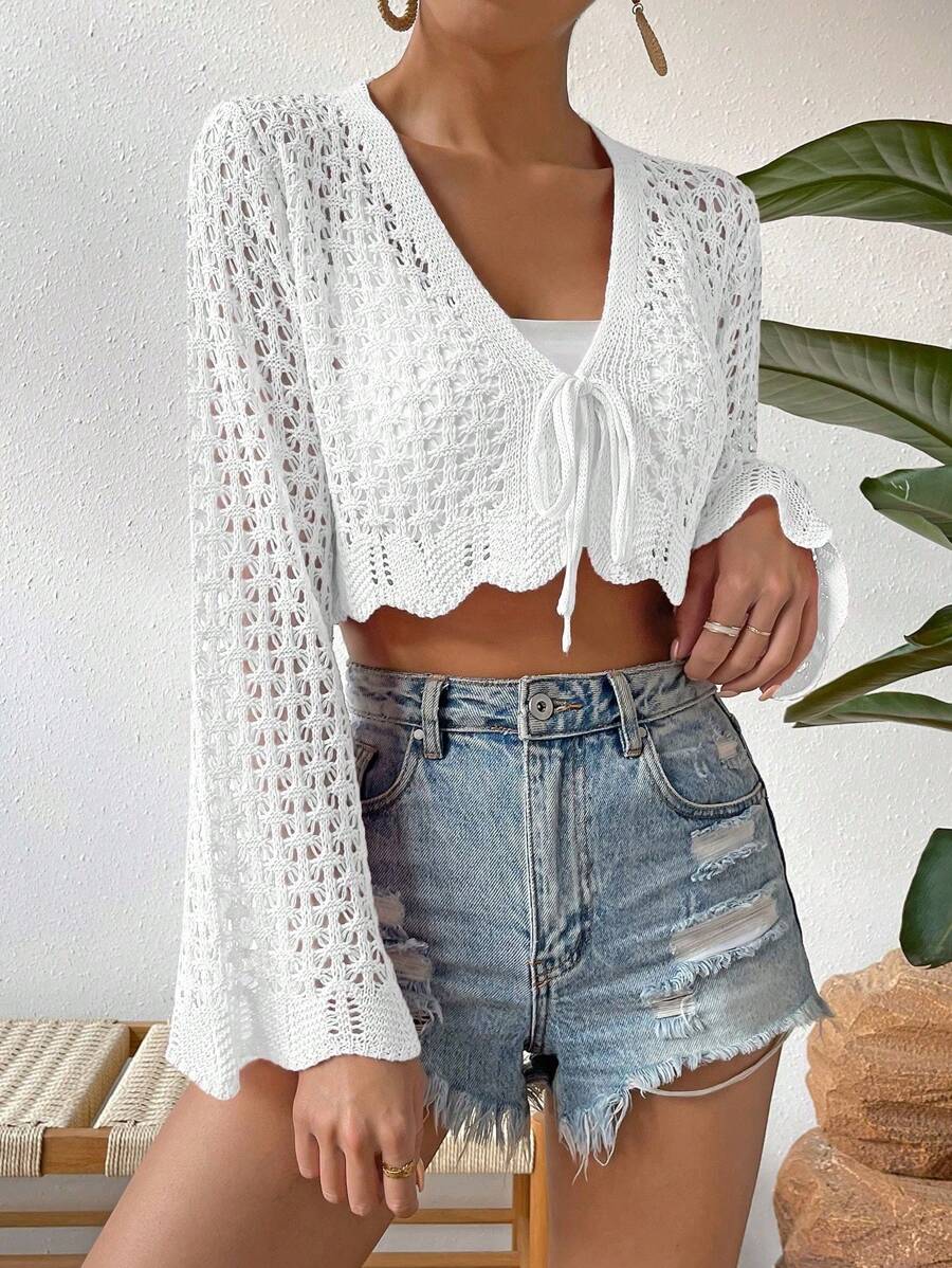 Breezaya Cárdigan De Manga Acampanada Con Cordones De Encaje Hueco De Punto De Color Sólido - Blanco - Ver 1