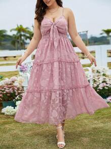 Celure Vestido de talla grande sin mangas con recorte y nudo en la espalda de unicolor - Rosa - Ver 4