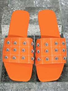 Orange Rivet Design Wide Fit Flat Sandals For Women, Summer Shoes - Orange - View 5
