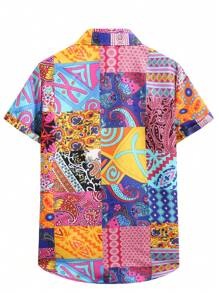 ROMWE MEN Street Life Men Paisley Patchwork Print Button Front Shirt, School - Multicolor - View 2