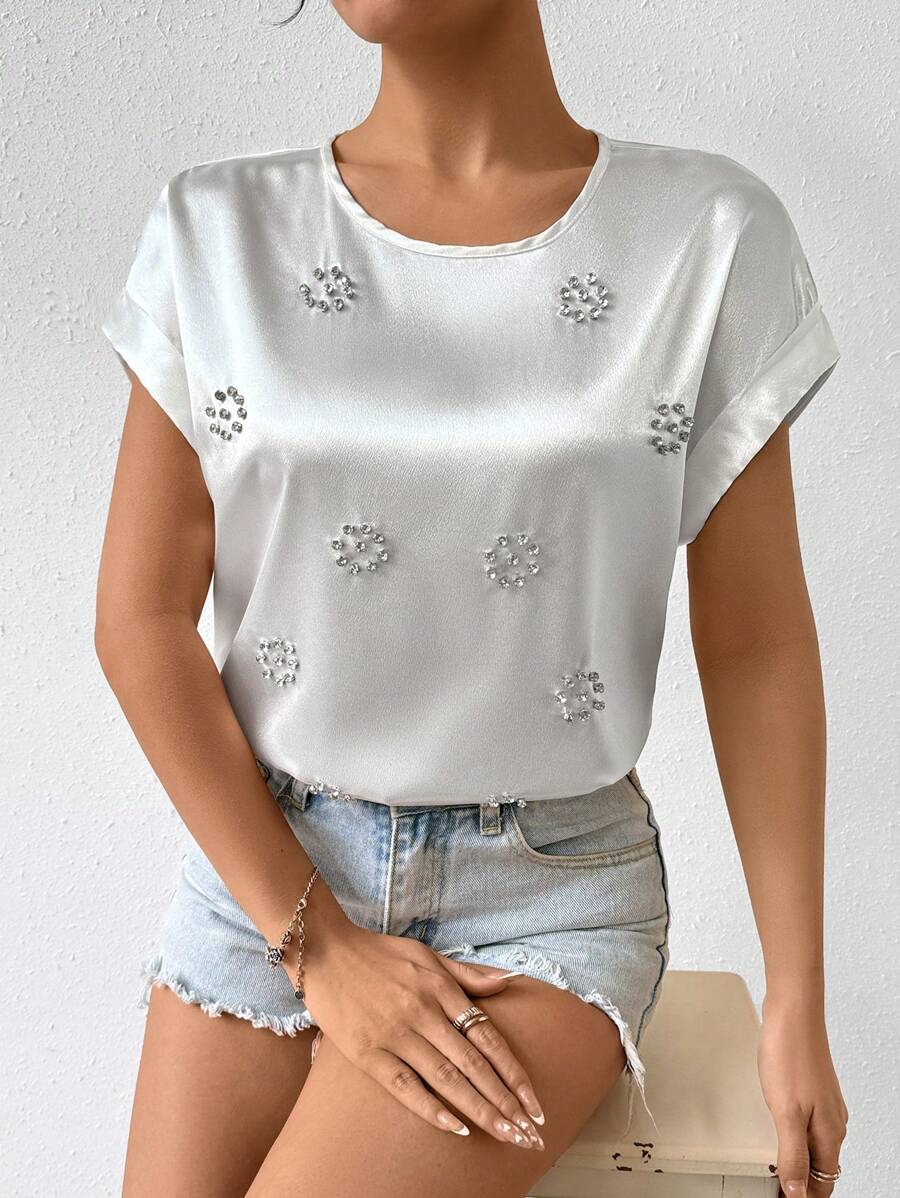 Chiquease Pha lê Trang trí Vòng cổ tay cánh Áo sơ mi - trắng - Xem 1