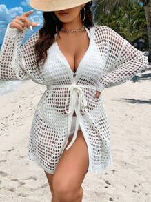 SHEIN Clasi Plus Size Women's Hollow Out Drop Shoulder Cardigan - White - View 1