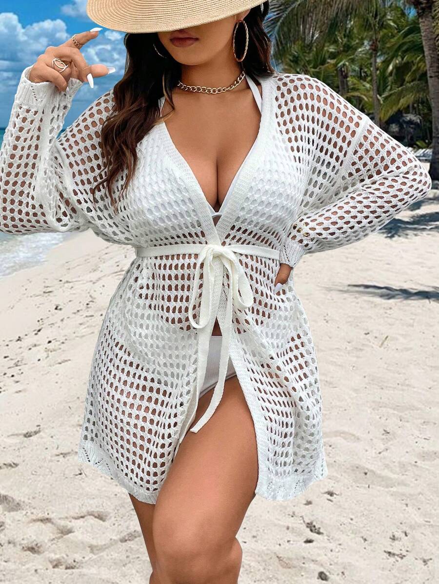 SHEIN Clasi Plus Size Women's Hollow Out Drop Shoulder Cardigan - White - View 1