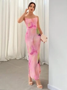 Aloruh Elegant Tie-Dye Printed Pleated Cross Back Long Sexy Bodycon Dress For Spring/Summer, Suitable For Vacation, Outing, Music Festival, Shopping, Dating