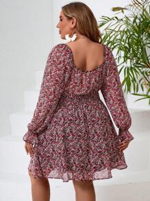SHEIN VCAY 大码花卉印花甜心领收腰连衣裙 - 彩色 - 查看 3