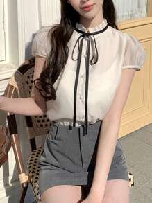 DAZY 纯色短袖蕾丝边系带泡泡袖女式衬衫夏季 - 白色 - 查看 3