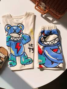 SHEIN Leap Crew 幼兒男童可愛卡通熊圖案寬鬆短袖上衣和短褲套裝 - 卡其色 - 查看 5