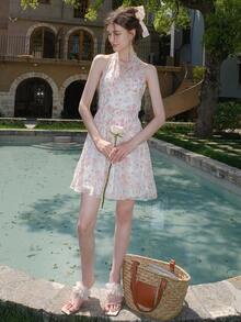 Vestido Casual Com Estampa Floral E Decote Halter Com Cintura Apertada - Multicolorido - Ver 7