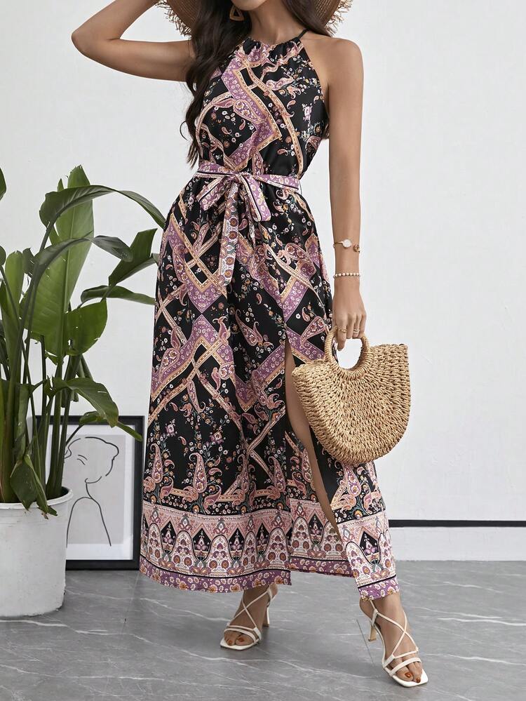 Women's Paisley Print High Slit Halter Neck Dress