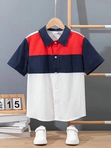 SHEIN Cậu bé Tween Lỏng lẻo phù hợp Khối màu Vá lại Ngắn tay Áo sơ mi , Phong cách Học viện - Nhiều màu - Xem 3