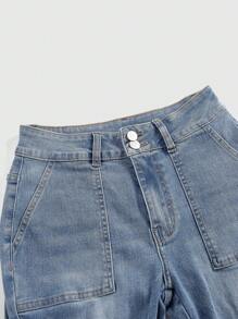 ROMWE Grunge Punk 女式休闲日常实用口袋褶皱下摆紧身弹力牛仔裤 - 藍色 - 查看 3