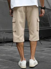 Manfinity LEGND Shorts masculina de cor sólida com bolso de virar e cordão na cintura, calça casual de carga lisa, para presente de marido e namorado
