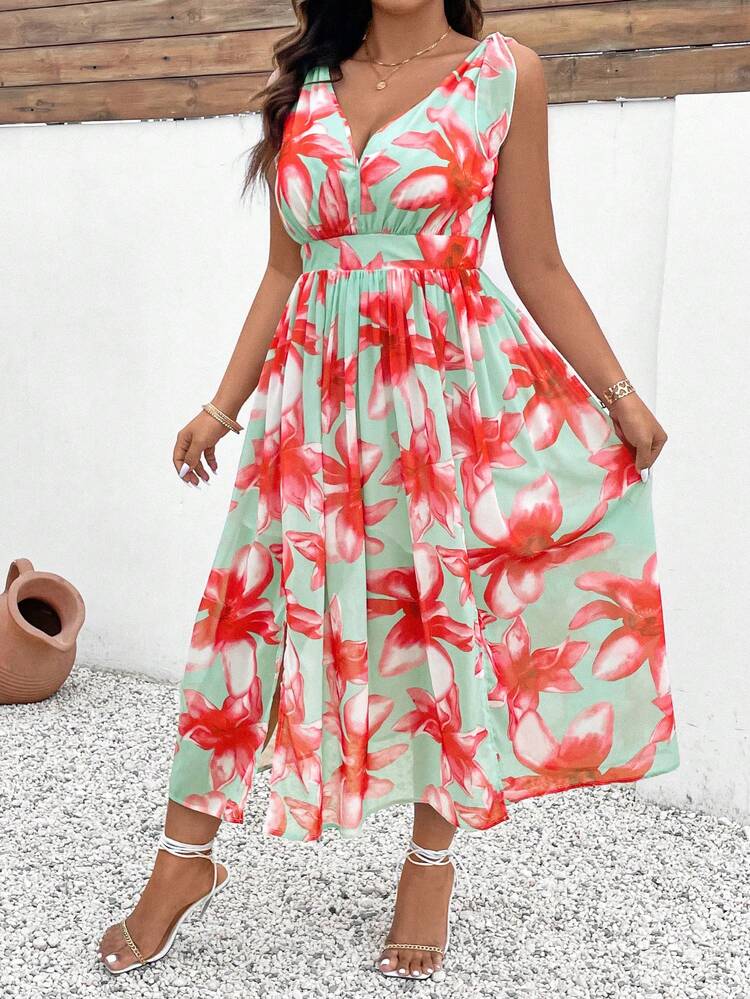 Plus Size Women's Floral Print V-Neck Sleeveless Belted Dress