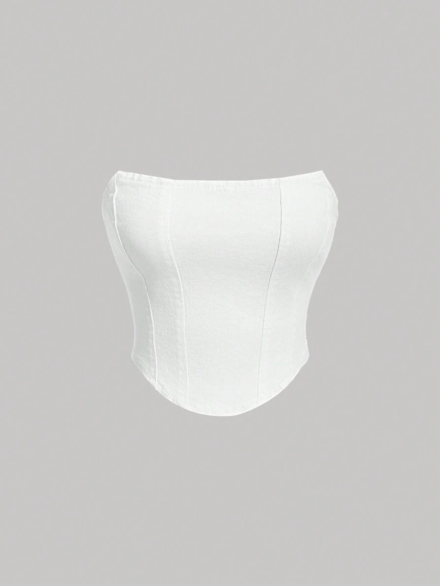 SHEIN MOD 牛仔露肩上衣 - 白色 - 查看 1