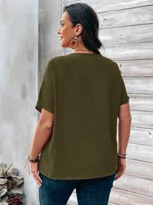 EMERY ROSE Plus Size Plain Batwing Sleeve Buttoned-Up Blouse - Army Green - View 2