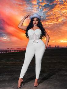 SHEIN SXY Plus Size Solid Color Cross Strap Leggings, Suitable For Summer, Dating, Casual, Shopping, Streetwear, Going Out, Vacation, Beach, Easy To Match&Looks Slim - Black - View 6