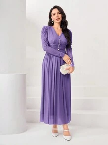 Modelyn Women's Solid Color Pleated Elastic Waist Bubble Sleeve Dress Long Evening Dresses - Lilac Purple - View 4