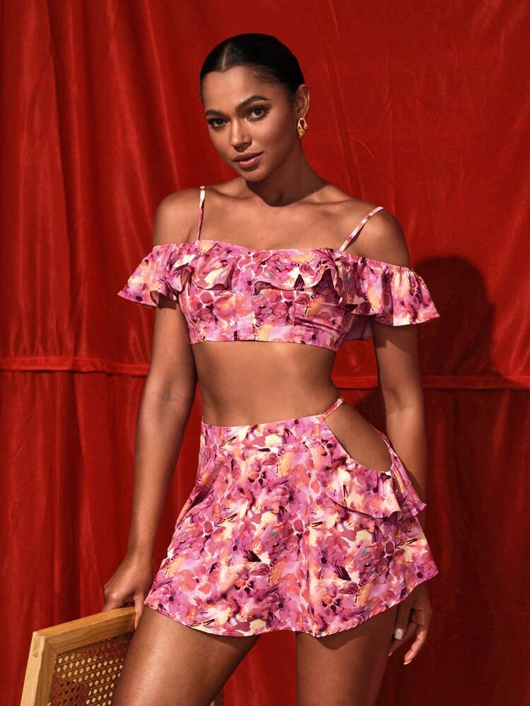 Designer Boho Bohemian Floral Flower Ruffle Trim Top And Hollow Out Skirt, Women Clothes, For Summer, Holiday, Vacation, Going Out, Festival, Ibiza Fits