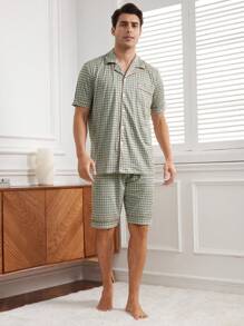 Men's Plaid Collar Short Sleeve And Shorts Homewear Set - Blue - View 5
