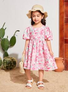 SHEIN Kleine Mädchen Gewebtes Blumenmuster Rundhals Puffärmel Lockeres Freizeitkleid Für Den Urlaub - Babypink - Übersicht 2