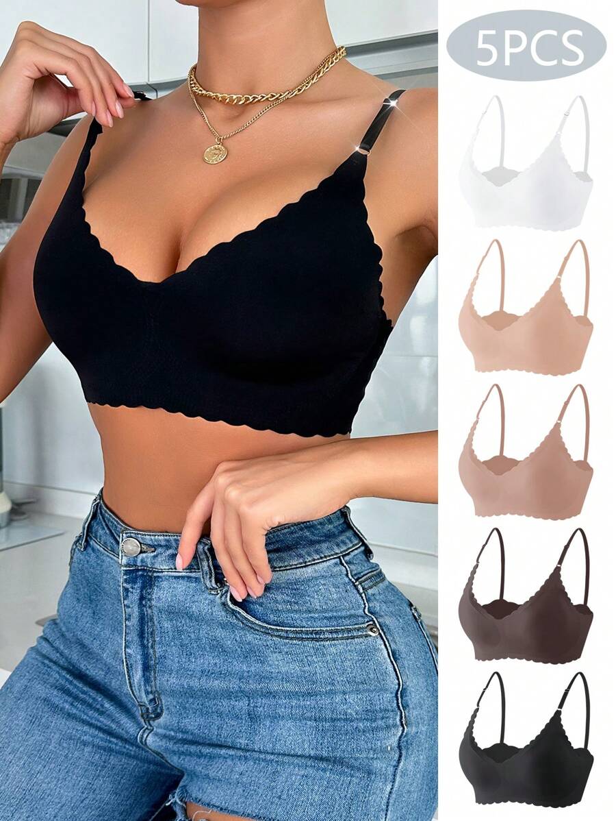 5pcs/Set Women'S Bra With Scalloped Edge And Adjustable Straps - Multicolor - View 1