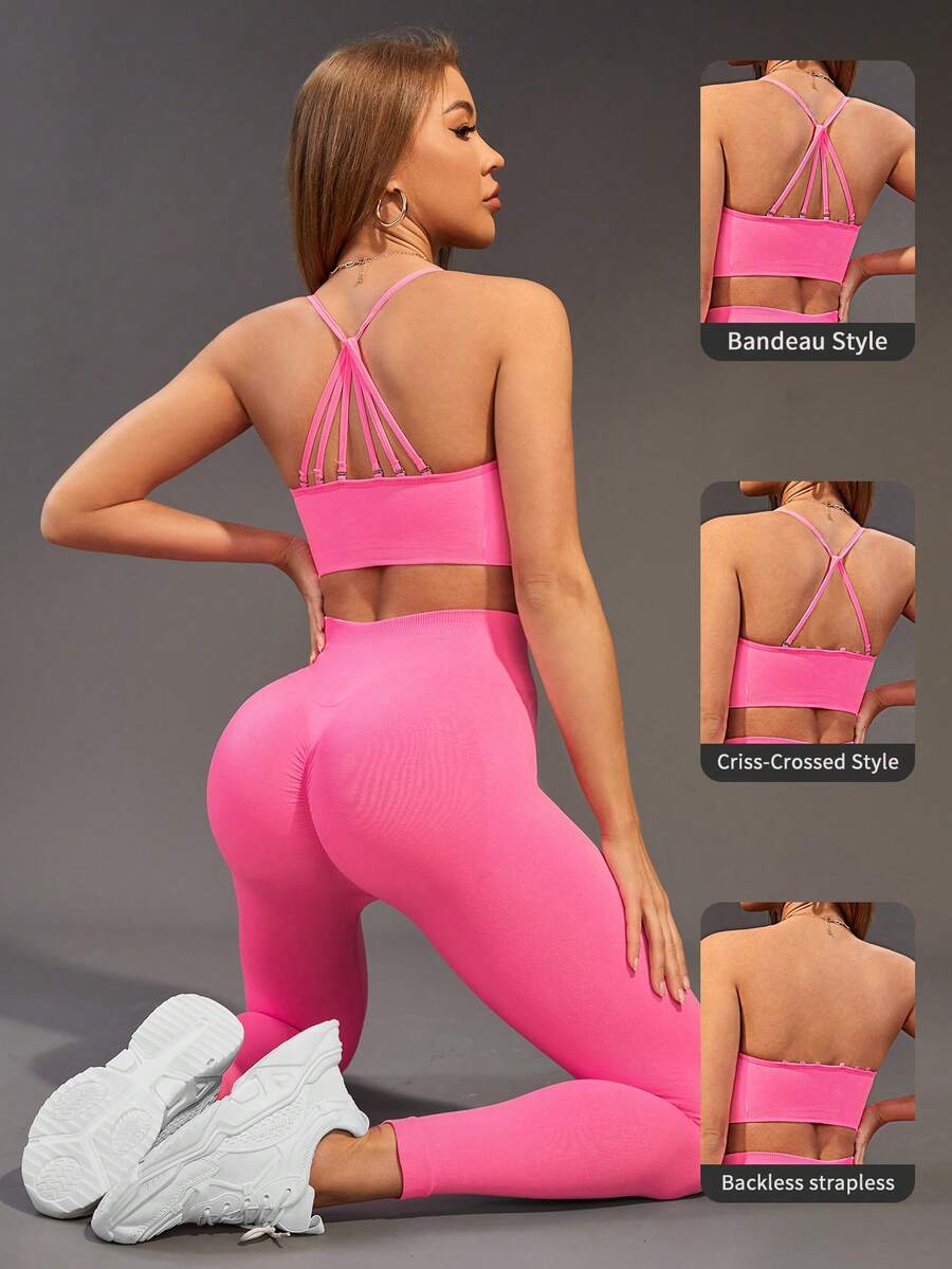 Gameset SHEIN Sport 無縫高彈性瑜伽運動女士運動服,後肩帶可調節 - 粉色 - 查看 1