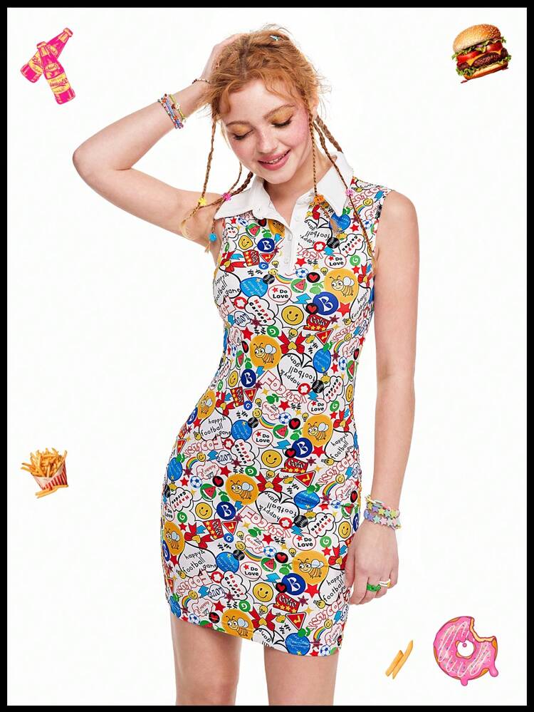 Quirky Fun Dopamine Printed Polo Neck Vest Women's Dress