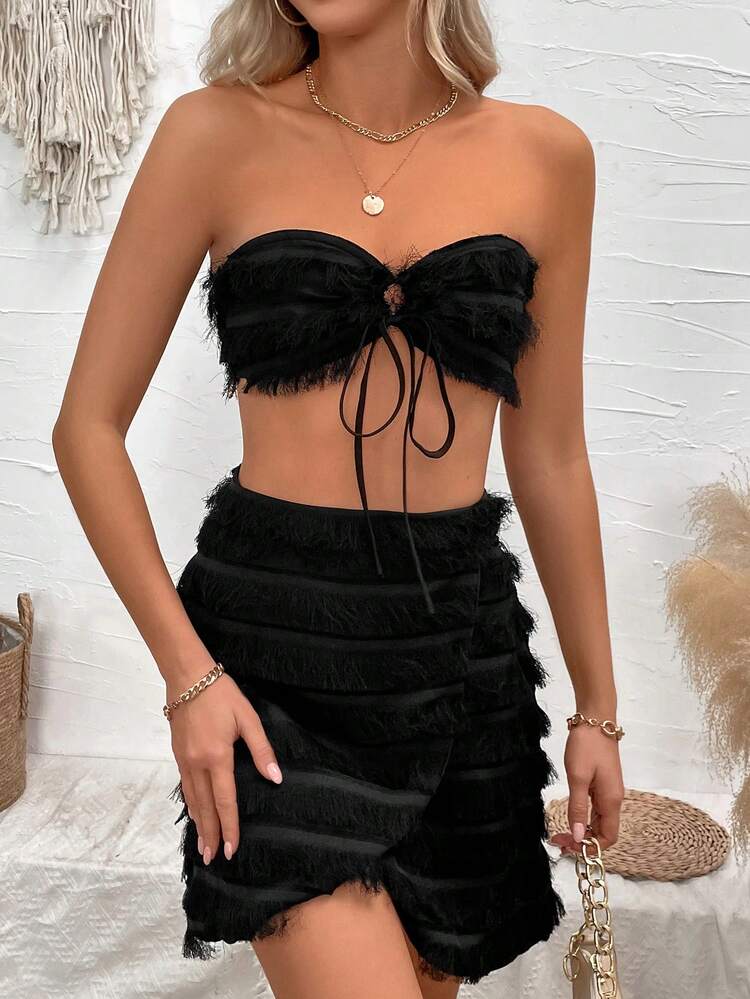 Women's Solid Color Strapless Crop Top And High Waist Skirt Set