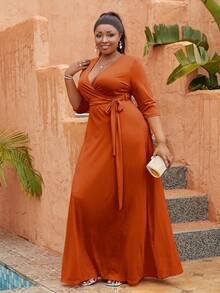 Astrid Plus Size Women V-Neck 3/4 Sleeve Solid Color Dress