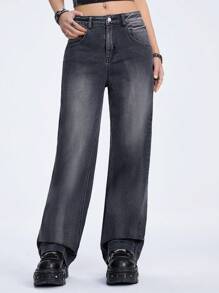 ROMWE Grunge Punk Back Wings Printed Straight Cut Denim Jeans - Black - View 3