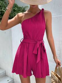 SHEIN Frenchy Women's One-Shoulder Sleeveless Romper Christmas Summer - Hot Pink - View 4