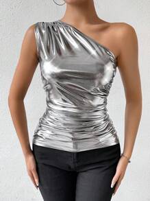 SHEIN Privé 女性金屬褶皺無袖上衣 - 銀色 - 查看 1