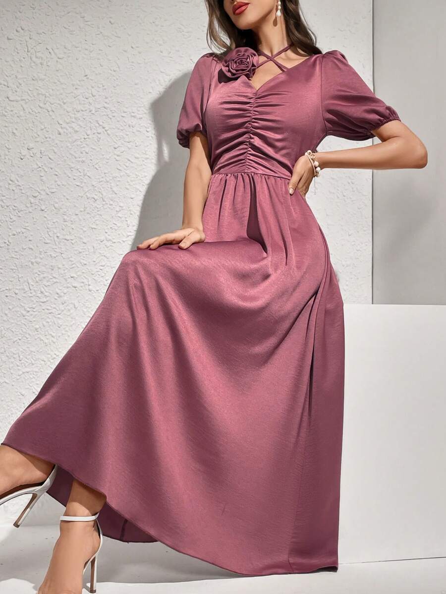 Modelyn 花卉點綴褶皺胸前氣泡袖束腰裙 - 藕粉色 - 查看 1