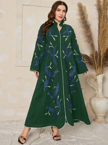 Al Najma Plus Size Embroidered Bell Sleeve Dress - Dark Green - View 6