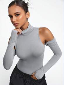 Brittney Do Designer Women Grey Turtleneck Cutout Bodysuit With Sleeves, For Holiday, Vacation, Spring & Summer, Beach, Festival, Ibiza Fits - Grey - View 8