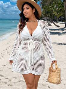 SHEIN Clasi Plus Size Women's Hollow Out Drop Shoulder Cardigan - White - View 3