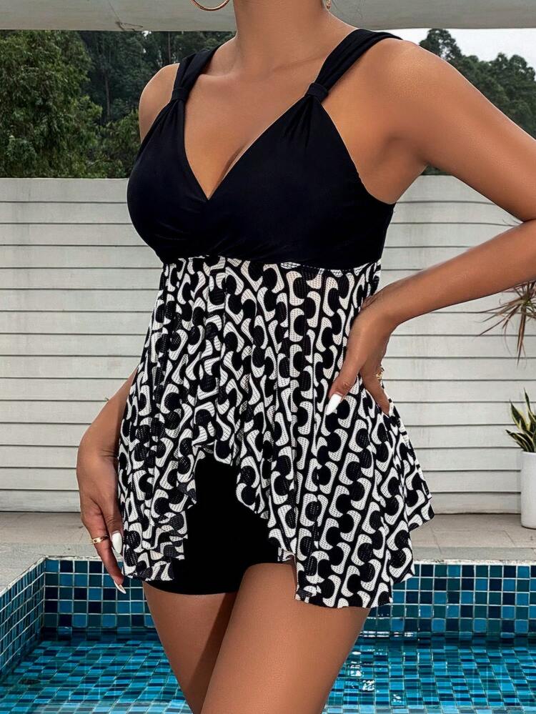 Women's Printed Splicing Swimwear Cami Top & Solid Color Boxer Shorts Swimwear Set, For Summer, Beach, Honeymoon, Travel, Vacation, Swimming Pool