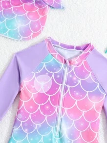 SHEIN Traje De Baño De Una Pieza Con Estampado De Escamas De Pez Para Bebé Niña, Manga Larga Con Borde Y Sombrero Con Volantes, Traje De Baño Para La Playa De Verano